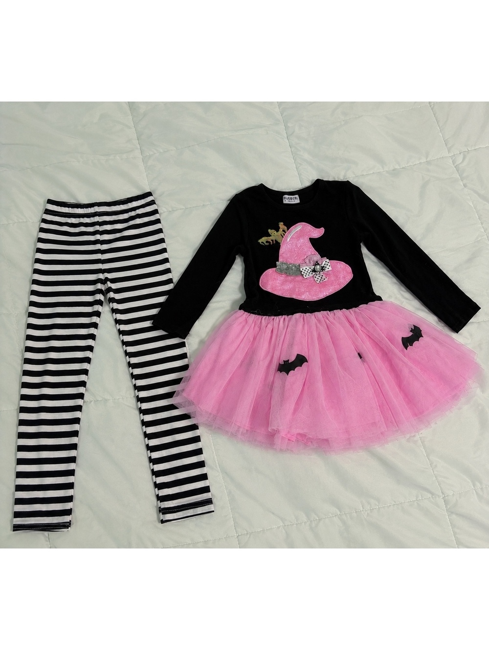halloween witch hat dress tutu pink & black & white ghost spooky leggings set